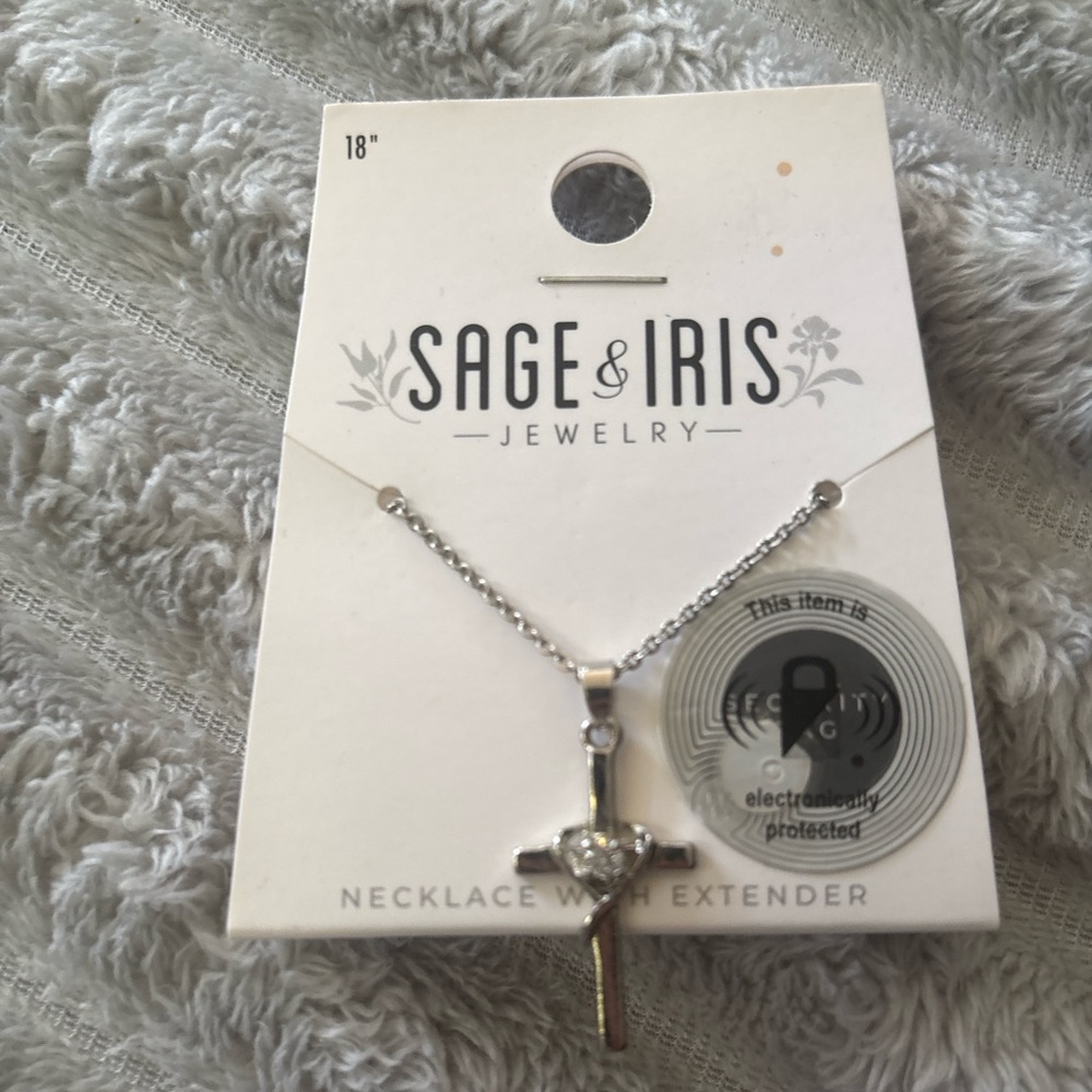 ✨ Sage & Iris Silver Cross Necklace with Heart Accent – 18” NWT ✨ with extender